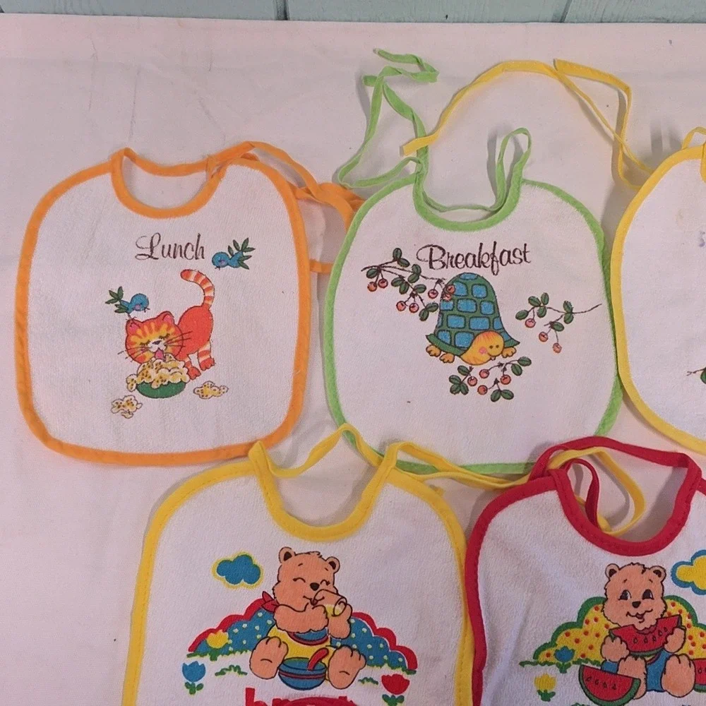 Playskool Vintage Baby Bibs Lot of 7 Multicolor Retro Terry Cloth Mealtime Tie